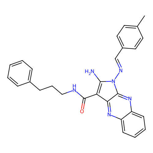 (E)-2-amino-1-((4-methylbenzylidene)amino)-N-(3-phenylpropyl)-1H-pyrrolo[2,3-b]quinoxaline-3-carboxamide structure