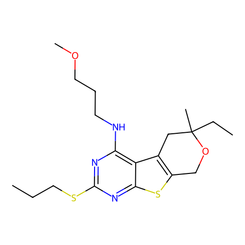 6-ethyl-N-(3-methoxypropyl)-6-methyl-2-(propylsulfanyl)-5,8-dihydro-6H-pyrano[4',3':4,5]thieno[2,3-d]pyrimidin-4-amine structure