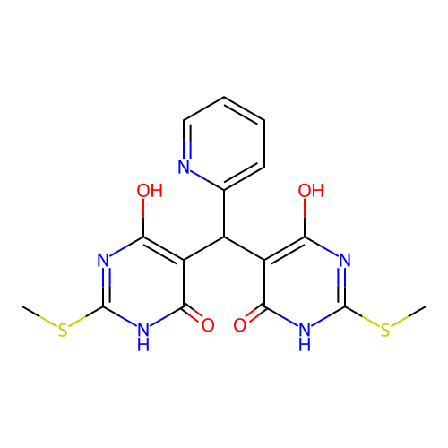 6-hydroxy-5-((6-hydroxy-2-(methylthio)-4-oxo-1,4-dihydropyrimidin-5-yl)(pyridin-2-yl)methyl)-2-(methylthio)pyrimidin-4(3H)-one structure
