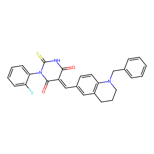 (5E)-5-[(1-benzyl-1,2,3,4-tetrahydroquinolin-6-yl)methylidene]-1-(2-fluorophenyl)-2-thioxodihydropyrimidine-4,6(1H,5H)-dione structure