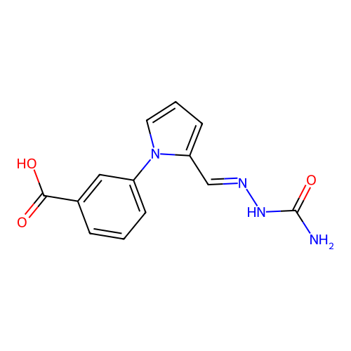 3-{2-[(E)-(2-carbamoylhydrazinylidene)methyl]-1H-pyrrol-1-yl}benzoic acid structure