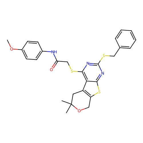 2-((2-(benzylthio)-6,6-dimethyl-6,8-dihydro-5H-pyrano[4',3':4,5]thieno[2,3-d]pyrimidin-4-yl)thio)-N-(4-methoxyphenyl)acetamide structure