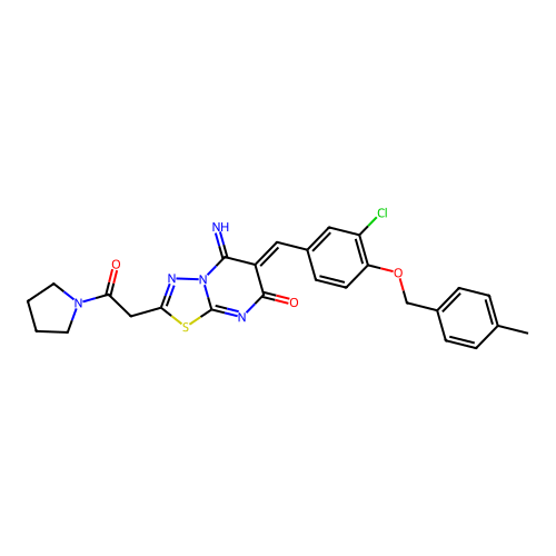 (6Z)-6-[[3-chloro-4-[(4-methylphenyl)methoxy]phenyl]methylidene]-5-imino-2-(2-oxo-2-pyrrolidin-1-ylethyl)-[1,3,4]thiadiazolo[3,2-a]pyrimidin-7-one structure