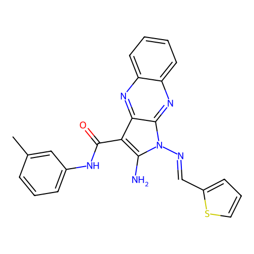 (E)-2-amino-1-((thiophen-2-ylmethylene)amino)-N-(m-tolyl)-1H-pyrrolo[2,3-b]quinoxaline-3-carboxamide structure