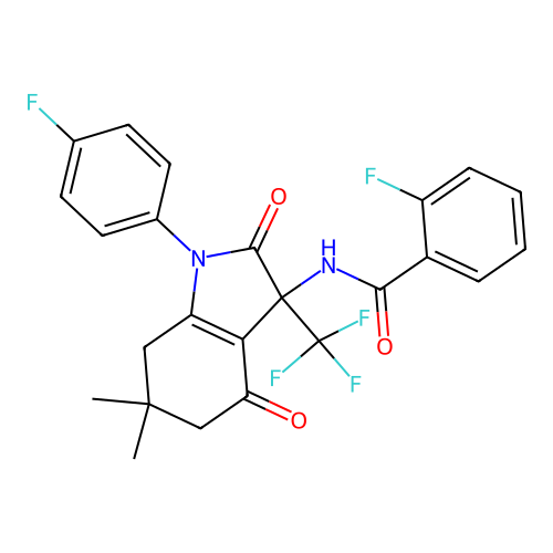 2-fluoro-N-[1-(4-fluorophenyl)-6,6-dimethyl-2,4-dioxo-3-(trifluoromethyl)-2,3,4,5,6,7-hexahydro-1H-indol-3-yl]benzamide structure