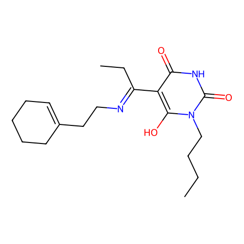 (5E)-1-butyl-5-[1-[2-(cyclohexen-1-yl)ethylamino]propylidene]-1,3-diazinane-2,4,6-trione structure