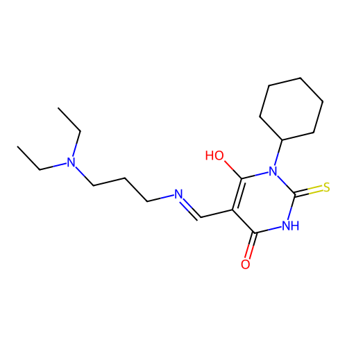 (Z)-1-cyclohexyl-5-(((3-(diethylamino)propyl)amino)methylene)-2-thioxodihydropyrimidine-4,6(1H,5H)-dione structure
