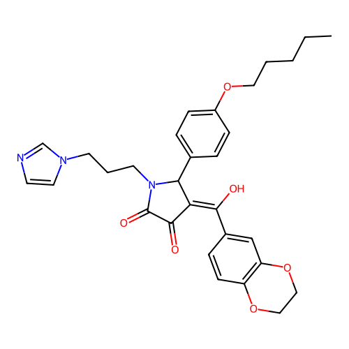 (4E)-4-[2,3-dihydro-1,4-benzodioxin-6-yl(hydroxy)methylidene]-1-(3-imidazol-1-ylpropyl)-5-(4-pentoxyphenyl)pyrrolidine-2,3-dione structure