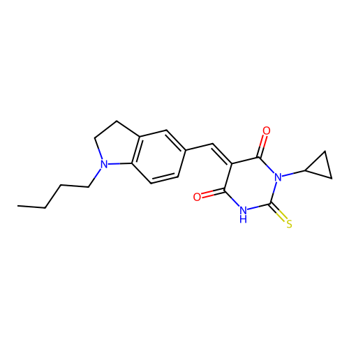 (5E)-5-[(1-butyl-2,3-dihydroindol-5-yl)methylidene]-1-cyclopropyl-2-sulfanylidene-1,3-diazinane-4,6-dione structure