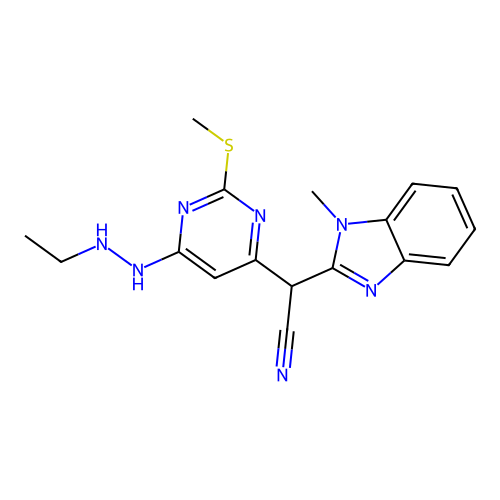 2-[6-(2-ethylhydrazinyl)-2-methylsulfanylpyrimidin-4-yl]-2-(1-methylbenzimidazol-2-yl)acetonitrile structure