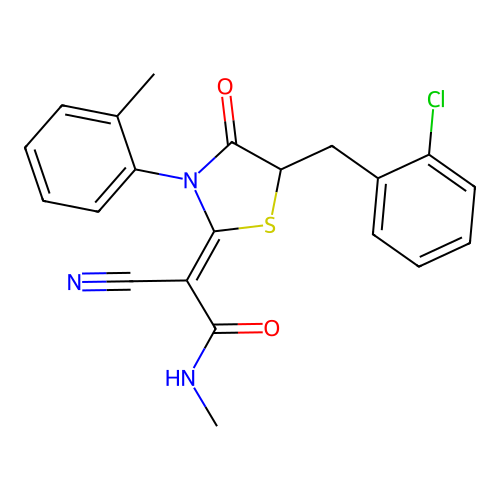 (2Z)-2-[5-(2-chlorobenzyl)-3-(2-methylphenyl)-4-oxo-1,3-thiazolidin-2-ylidene]-2-cyano-N-methylethanamide structure