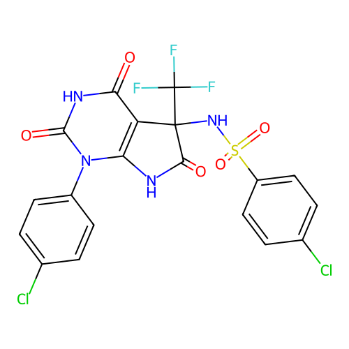 4-chloro-N-(1-(4-chlorophenyl)-2,4,6-trioxo-5-(trifluoromethyl)-2,3,4,5,6,7-hexahydro-1H-pyrrolo[2,3-d]pyrimidin-5-yl)benzenesulfonamide structure
