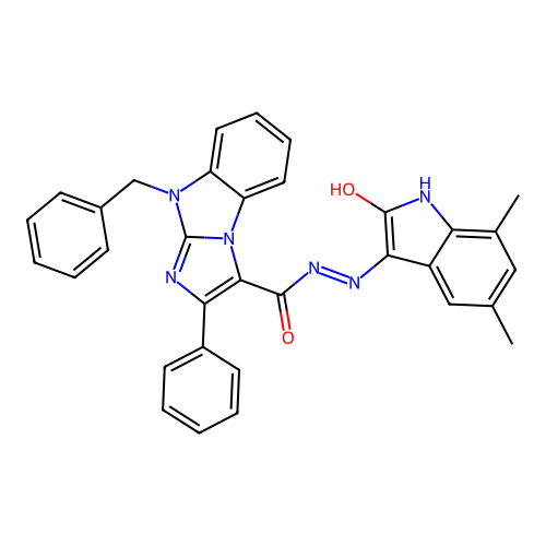 (E)-9-benzyl-N'-(5,7-dimethyl-2-oxoindolin-3-ylidene)-2-phenyl-9H-benzo[d]imidazo[1,2-a]imidazole-3-carbohydrazide structure