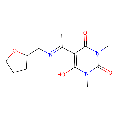 1,3-dimethyl-5-[1-(oxolan-2-ylmethylamino)ethylidene]-1,3-diazinane-2,4,6-trione structure