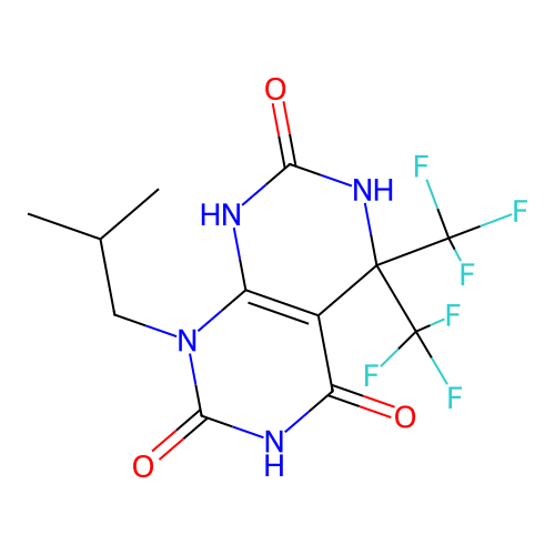 1-isobutyl-5,5-bis(trifluoromethyl)-5,6-dihydropyrimido[4,5-d]pyrimidine-2,4,7(1H,3H,8H)-trione structure