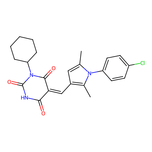 (5Z)-5-[[1-(4-chlorophenyl)-2,5-dimethylpyrrol-3-yl]methylidene]-1-cyclohexyl-1,3-diazinane-2,4,6-trione structure