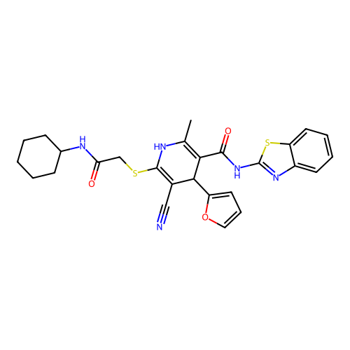 5-Cyano-6-cyclohexylcarbamoylmethylsulfanyl-4-furan-2-yl-2-methyl-1,4-dihydro-pyridine-3-carboxylic acid benzothiazol-2-ylamide structure