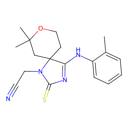 (Z)-2-(7,7-dimethyl-2-thioxo-4-(o-tolylimino)-8-oxa-1,3-diazaspiro[4.5]decan-1-yl)acetonitrile structure
