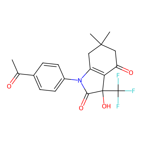 1-(4-acetylphenyl)-3-hydroxy-6,6-dimethyl-3-(trifluoromethyl)-5,7-dihydroindole-2,4-dione structure