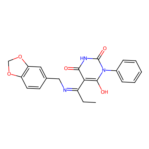 (E)-5-(1-((benzo[d][1,3]dioxol-5-ylmethyl)amino)propylidene)-1-phenylpyrimidine-2,4,6(1H,3H,5H)-trione structure
