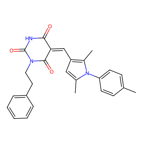 (Z)-5-((2,5-dimethyl-1-(p-tolyl)-1H-pyrrol-3-yl)methylene)-1-phenethylpyrimidine-2,4,6(1H,3H,5H)-trione structure