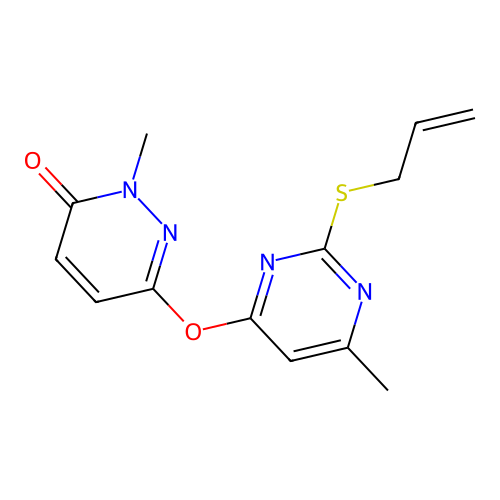 2-methyl-6-(6-methyl-2-prop-2-enylsulfanylpyrimidin-4-yl)oxypyridazin-3-one structure