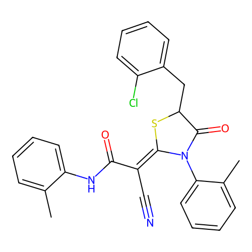(2Z)-2-[5-(2-chlorobenzyl)-3-(2-methylphenyl)-4-oxo-1,3-thiazolidin-2-ylidene]-2-cyano-N-(2-methylphenyl)ethanamide structure