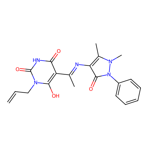 (E)-1-allyl-5-(1-((1,5-dimethyl-3-oxo-2-phenyl-2,3-dihydro-1H-pyrazol-4-yl)amino)ethylidene)pyrimidine-2,4,6(1H,3H,5H)-trione structure