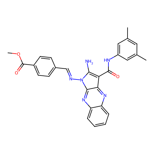 (E)-methyl 4-(((2-amino-3-((3,5-dimethylphenyl)carbamoyl)-1H-pyrrolo[2,3-b]quinoxalin-1-yl)imino)methyl)benzoate structure