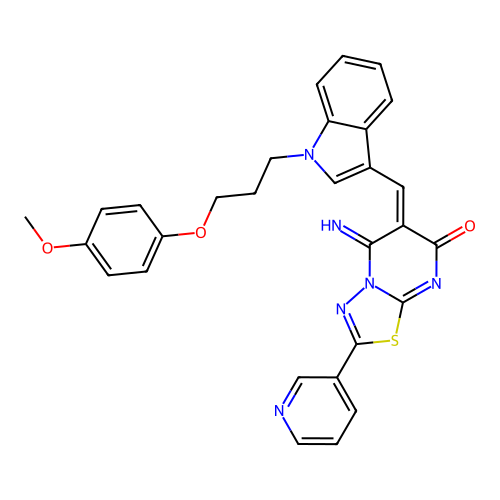 (E)-5-imino-6-((1-(3-(4-methoxyphenoxy)propyl)-1H-indol-3-yl)methylene)-2-(pyridin-3-yl)-5H-[1,3,4]thiadiazolo[3,2-a]pyrimidin-7(6H)-one structure