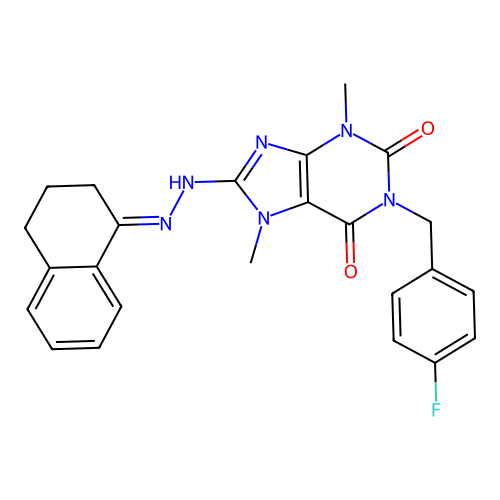 (E)-8-(2-(3,4-dihydronaphthalen-1(2H)-ylidene)hydrazinyl)-1-(4-fluorobenzyl)-3,7-dimethyl-1H-purine-2,6(3H,7H)-dione structure