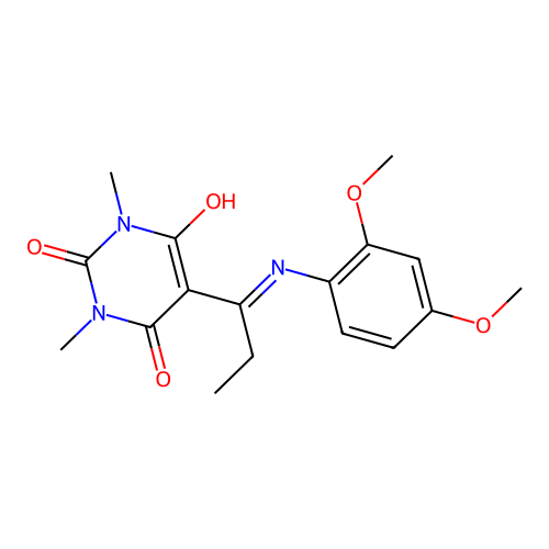 5-[1-(2,4-dimethoxyanilino)propylidene]-1,3-dimethyl-1,3-diazinane-2,4,6-trione structure