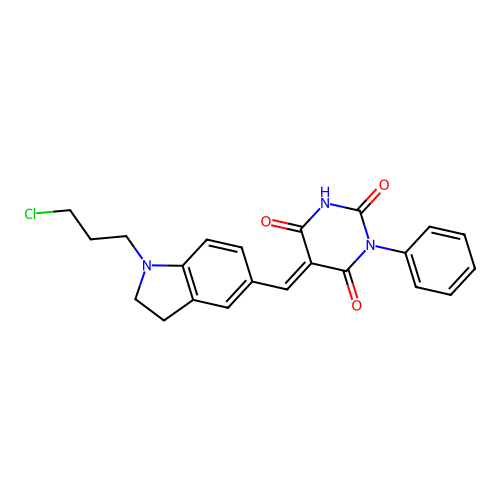 (5E)-5-[[1-(3-chloropropyl)-2,3-dihydroindol-5-yl]methylidene]-1-phenyl-1,3-diazinane-2,4,6-trione structure