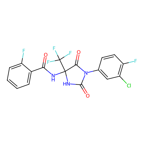 N-[1-(3-chloro-4-fluorophenyl)-2,5-dioxo-4-(trifluoromethyl)imidazolidin-4-yl]-2-fluorobenzamide structure