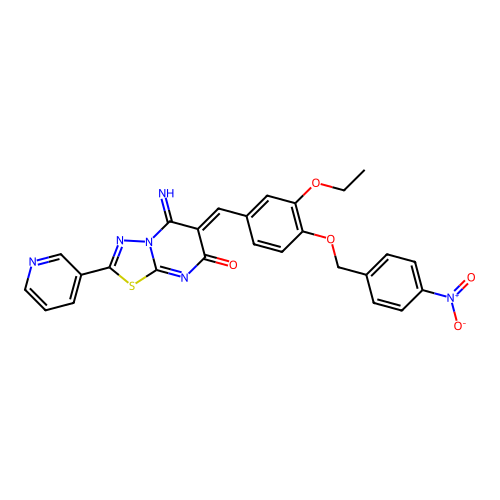 (6Z)-6-[[3-ethoxy-4-[(4-nitrophenyl)methoxy]phenyl]methylidene]-5-imino-2-pyridin-3-yl-[1,3,4]thiadiazolo[3,2-a]pyrimidin-7-one structure