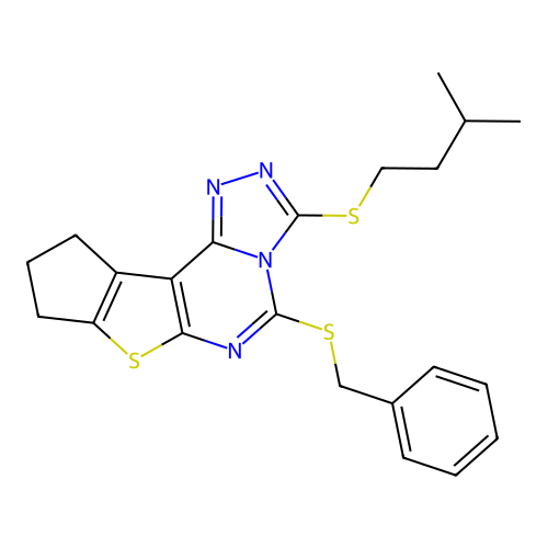5-(benzylsulfanyl)-3-[(3-methylbutyl)sulfanyl]-9,10-dihydro-8H-cyclopenta[4,5]thieno[3,2-e][1,2,4]triazolo[4,3-c]pyrimidine structure