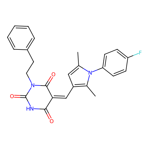 (Z)-5-((1-(4-fluorophenyl)-2,5-dimethyl-1H-pyrrol-3-yl)methylene)-1-phenethylpyrimidine-2,4,6(1H,3H,5H)-trione structure