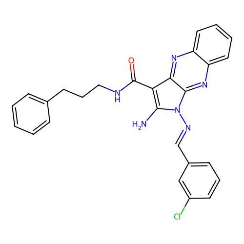 (E)-2-amino-1-((3-chlorobenzylidene)amino)-N-(3-phenylpropyl)-1H-pyrrolo[2,3-b]quinoxaline-3-carboxamide structure
