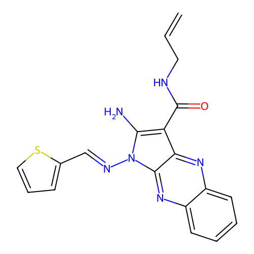 (E)-N-allyl-2-amino-1-((thiophen-2-ylmethylene)amino)-1H-pyrrolo[2,3-b]quinoxaline-3-carboxamide structure