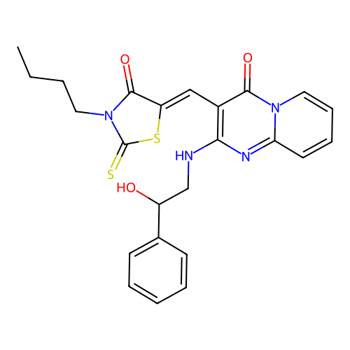 3-[(Z)-(3-butyl-4-oxo-2-thioxo-1,3-thiazolidin-5-ylidene)methyl]-2-[(2-hydroxy-2-phenylethyl)amino]-4H-pyrido[1,2-a]pyrimidin-4-one structure