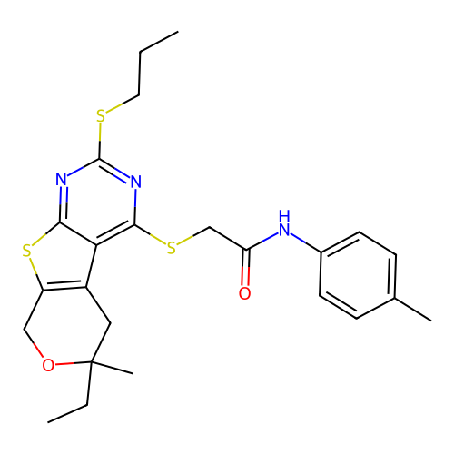 2-((6-ethyl-6-methyl-2-(propylthio)-6,8-dihydro-5H-pyrano[4',3':4,5]thieno[2,3-d]pyrimidin-4-yl)thio)-N-(p-tolyl)acetamide structure
