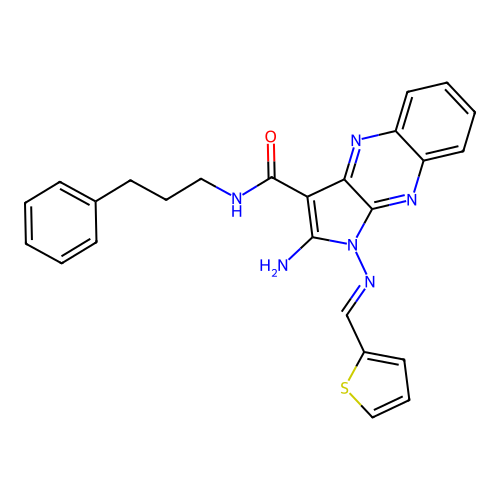 (E)-2-amino-N-(3-phenylpropyl)-1-((thiophen-2-ylmethylene)amino)-1H-pyrrolo[2,3-b]quinoxaline-3-carboxamide structure