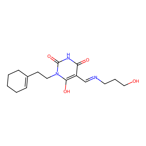 (5Z)-1-[2-(cyclohexen-1-yl)ethyl]-5-[(3-hydroxypropylamino)methylidene]-1,3-diazinane-2,4,6-trione structure