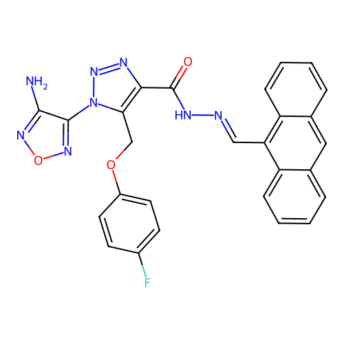 (E)-1-(4-amino-1,2,5-oxadiazol-3-yl)-N'-(anthracen-9-ylmethylene)-5-((4-fluorophenoxy)methyl)-1H-1,2,3-triazole-4-carbohydrazide structure