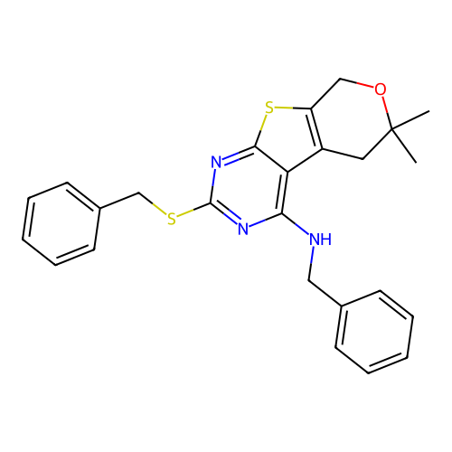 N-benzyl-2-(benzylsulfanyl)-6,6-dimethyl-5,8-dihydro-6H-pyrano[4',3':4,5]thieno[2,3-d]pyrimidin-4-amine structure