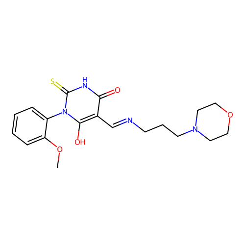 (5E)-1-(2-methoxyphenyl)-5-({[3-(morpholin-4-yl)propyl]amino}methylidene)-2-sulfanylpyrimidine-4,6(1H,5H)-dione structure