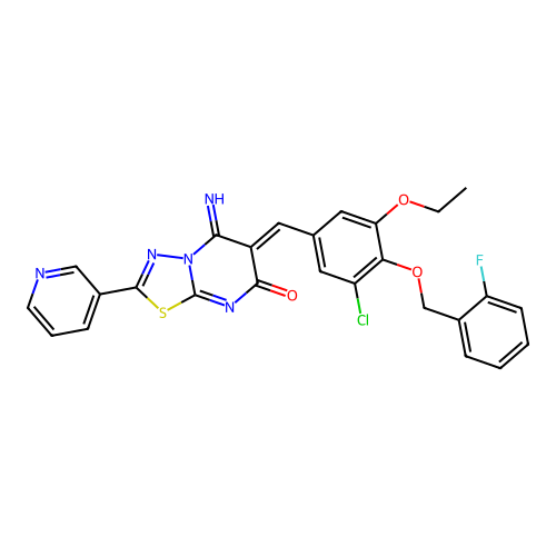 (6Z)-6-[[3-chloro-5-ethoxy-4-[(2-fluorophenyl)methoxy]phenyl]methylidene]-5-imino-2-pyridin-3-yl-[1,3,4]thiadiazolo[3,2-a]pyrimidin-7-one structure