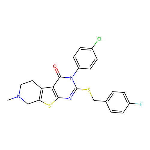 3-(4-chlorophenyl)-2-[(4-fluorobenzyl)sulfanyl]-7-methyl-5,6,7,8-tetrahydropyrido[4',3':4,5]thieno[2,3-d]pyrimidin-4(3H)-one structure