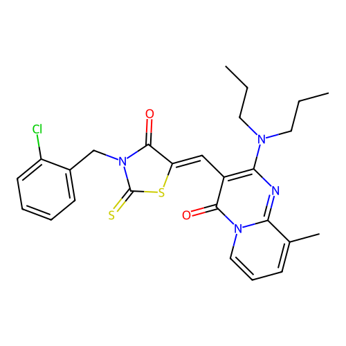 3-{(Z)-[3-(2-chlorobenzyl)-4-oxo-2-thioxo-1,3-thiazolidin-5-ylidene]methyl}-2-(dipropylamino)-9-methyl-4H-pyrido[1,2-a]pyrimidin-4-one structure