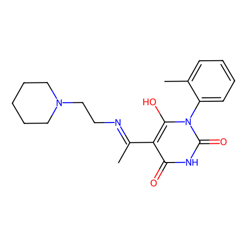 (5E)-6-hydroxy-3-(2-methylphenyl)-5-(1-{[2-(piperidin-1-yl)ethyl]amino}ethylidene)pyrimidine-2,4(3H,5H)-dione structure